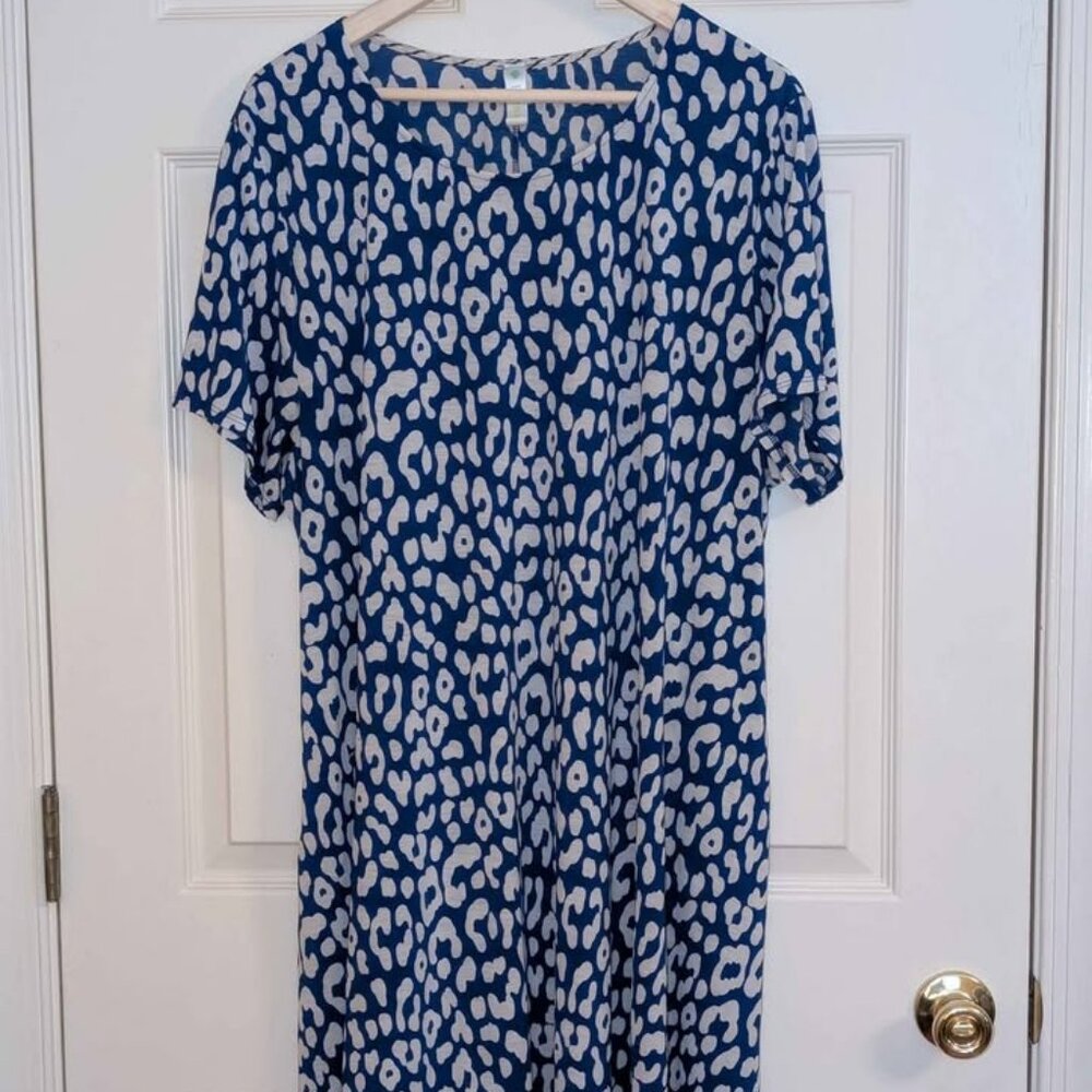 Boho Blue Leopard Print Midi Dress‎ Stretchy Loose Fit Short Sleeve Plus Size
